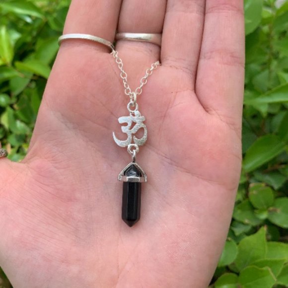 Obsidian Point Om Symbol Sterling Silver Pendant, Protection Stone, Grounding - Picture 3 of 4